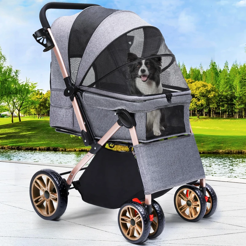 YITAHOME Pet Buggy with Reversible Handle, Foldable Dog Stroller for Small Dogs, Mesh Windows, Cup Holder, 360° Rotating EVA Wheels with Brakes (Grey)
