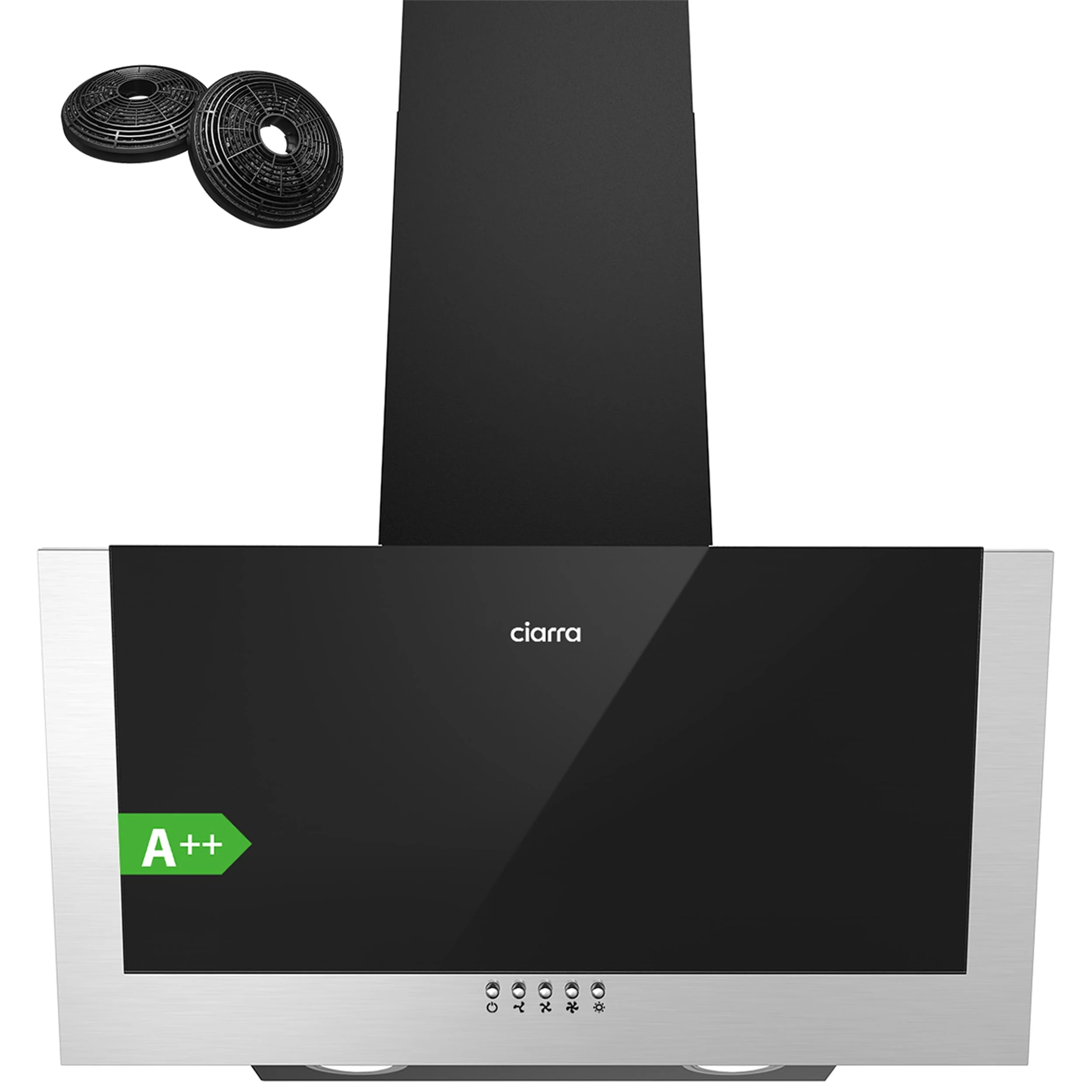 CIARRA CB6736CBK Angled Cooker Hood 60cm with CBCF002X2 Carbon Filters Recirculating & Ducting LED Lights Black Painting&Tempered Glass Wall Mounted Range Hood 600mm Kitchen Extractor Fan