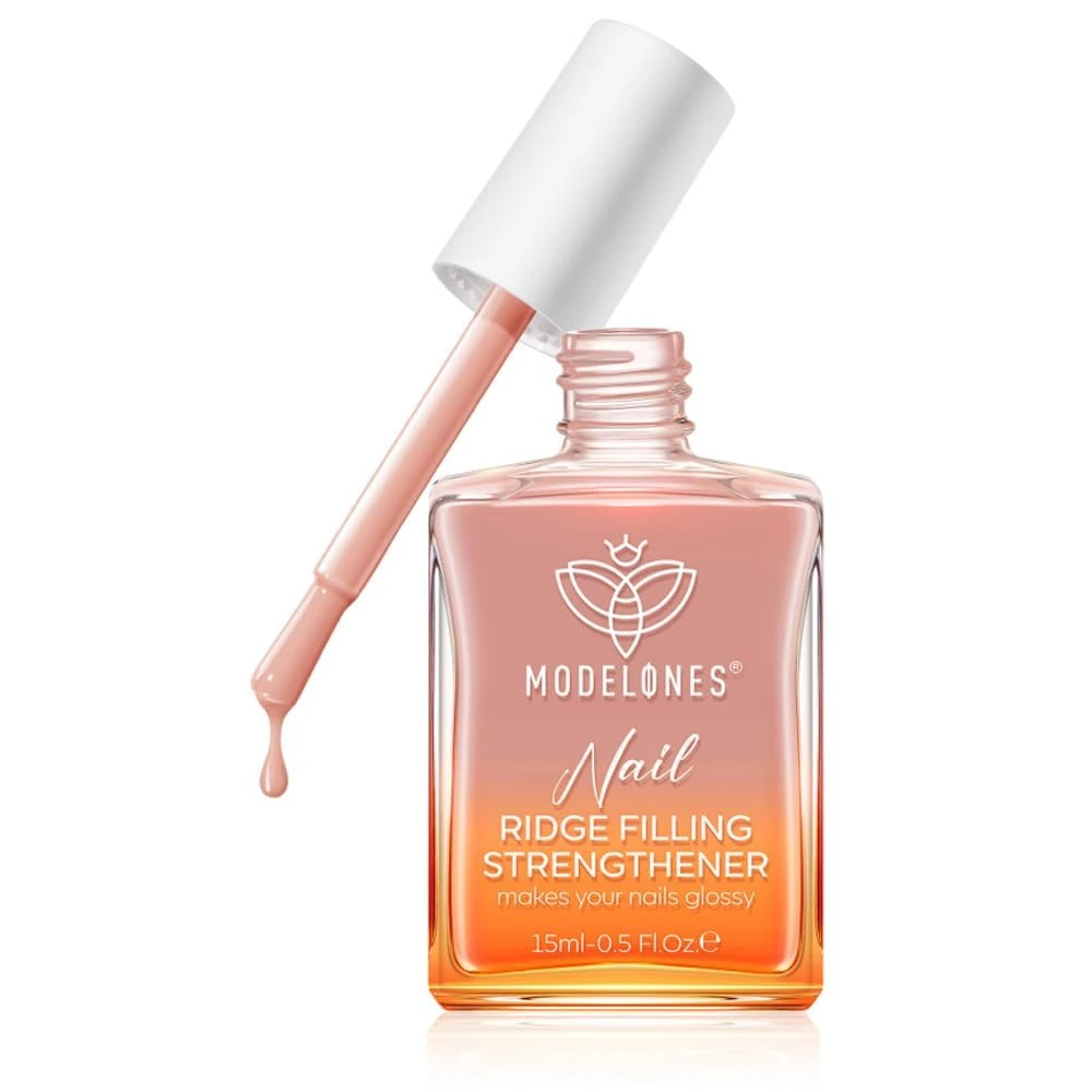 Modelones Nail Care 8 in one Ridge Filling Strengthener Treatment, Nail Polish Strengthener for Damaged and Weak Nail, Nail Hardener Extra Strong and Growth Smoothing Base Coat Jelly Nude Varnish 15ml