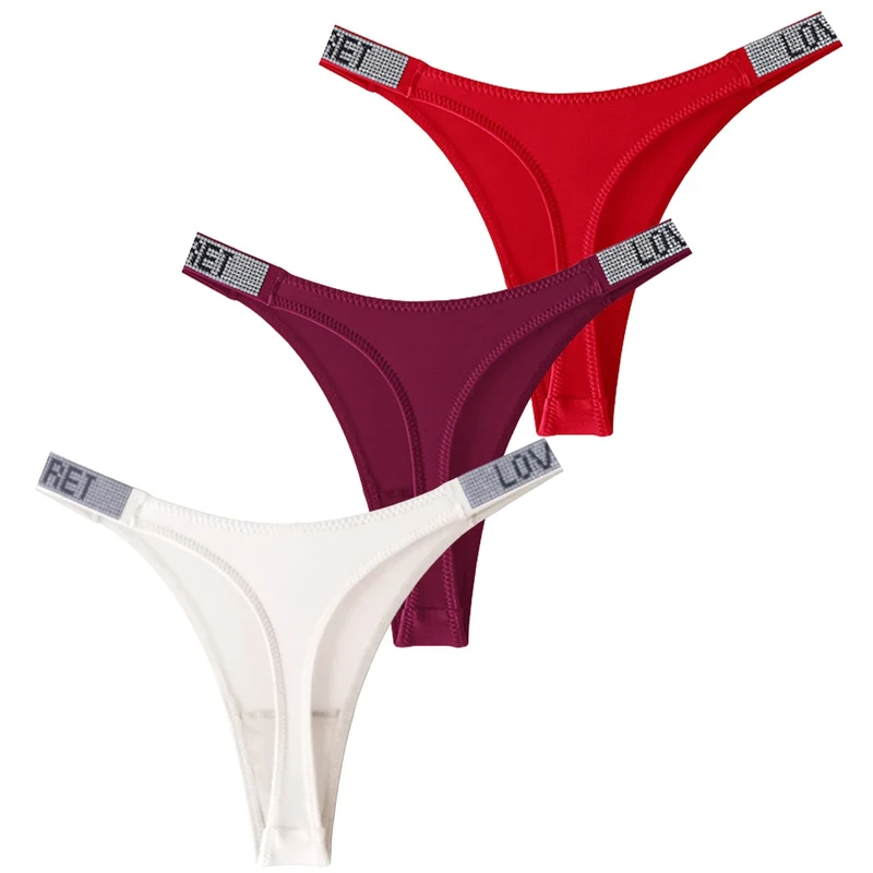FEOYA Sexy Thongs for Women Rhinestone Low Rise Underwear High Cut G String Panty 3 Pack, White/Rose Red/Red, S