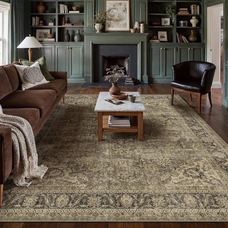 WondRg 8x10 Washable Brown Vintage Area Rug for Living Room Bedroom Large Traditional Low Pile Soft Carpet Non-Slip Thin Retro Distressed Accent Throw Rug for Dining Room Office Kitchen Indoor - Image 1