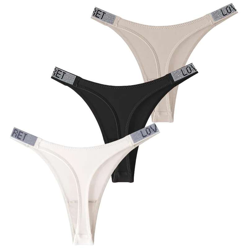 FEOYA Sexy Thongs for Women Rhinestone Low Rise Underwear High Cut G String Panty 3 Pack, White/Black/Beige, S