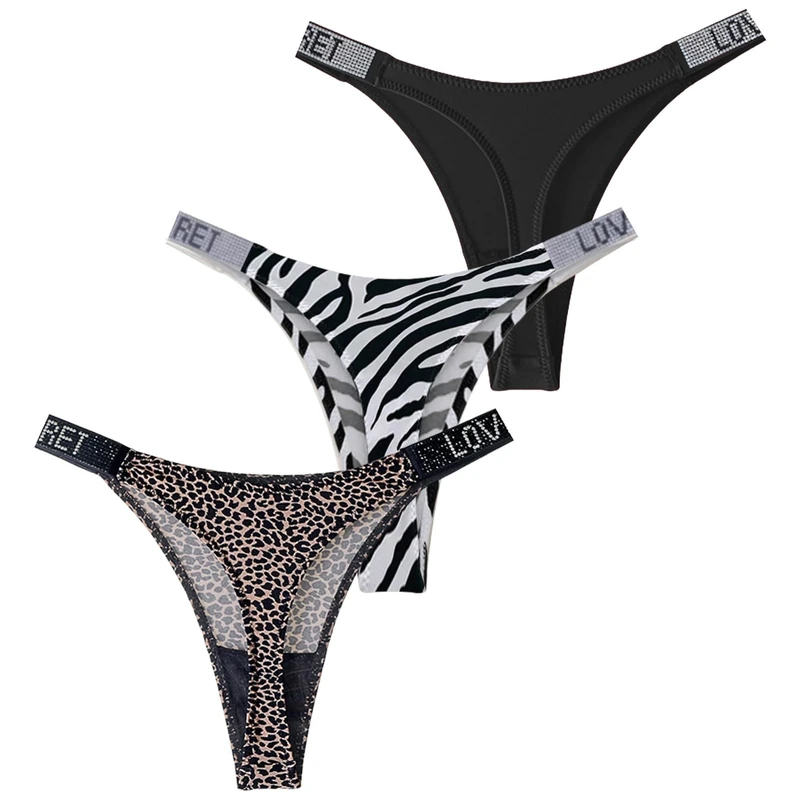FEOYA Sexy Thongs for Women Rhinestone Low Rise Underwear High Cut G String Panty 3 Pack, Leopard/Black/Zebra Print, S