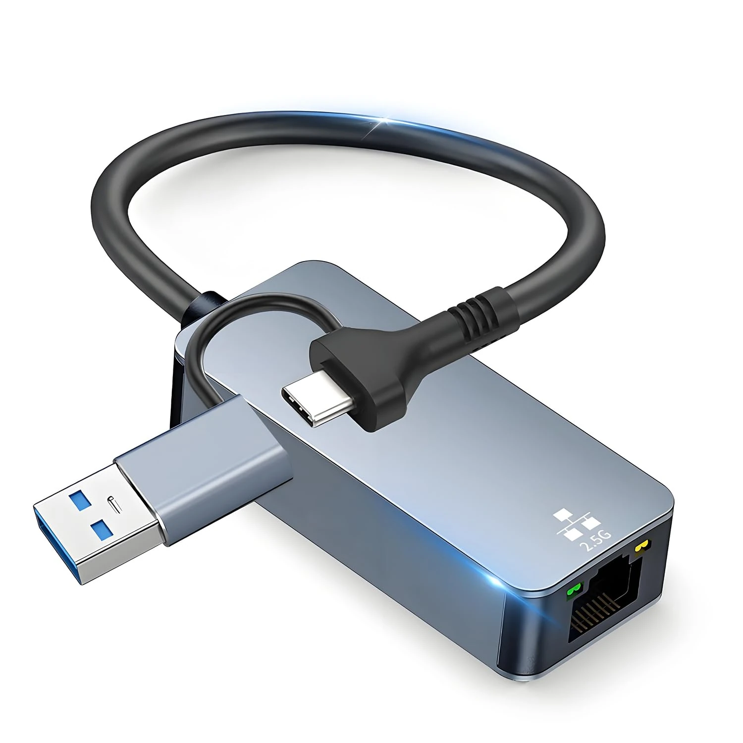 USB to Ethernet Adapter,2.5G USB C 2-in-1 Adapter Compatible with Thunderbolt 3 or USB 3.0, USB-C to RJ45 2.5 Gigabit LAN Ethernet, Compatible with Mac and Windows