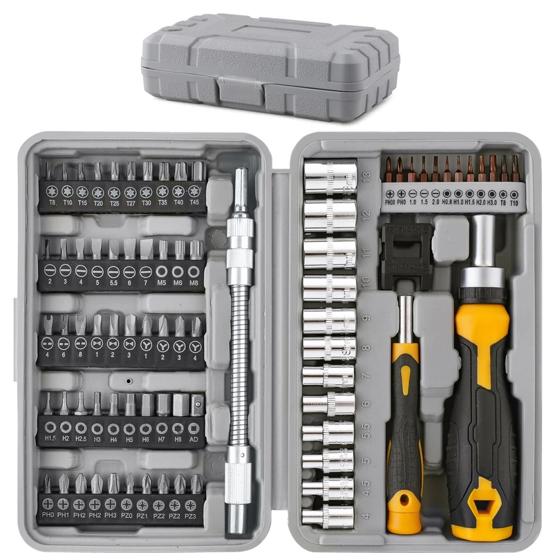 Hi-Spec 79pc Multi Screwdriver Bit Set and 1/4 inch Socket Set with Handles. Flexible Extension, Precision, Torx and Tamperproof 1/4 inch Hex Screwdriving Bit Accessories in a Case