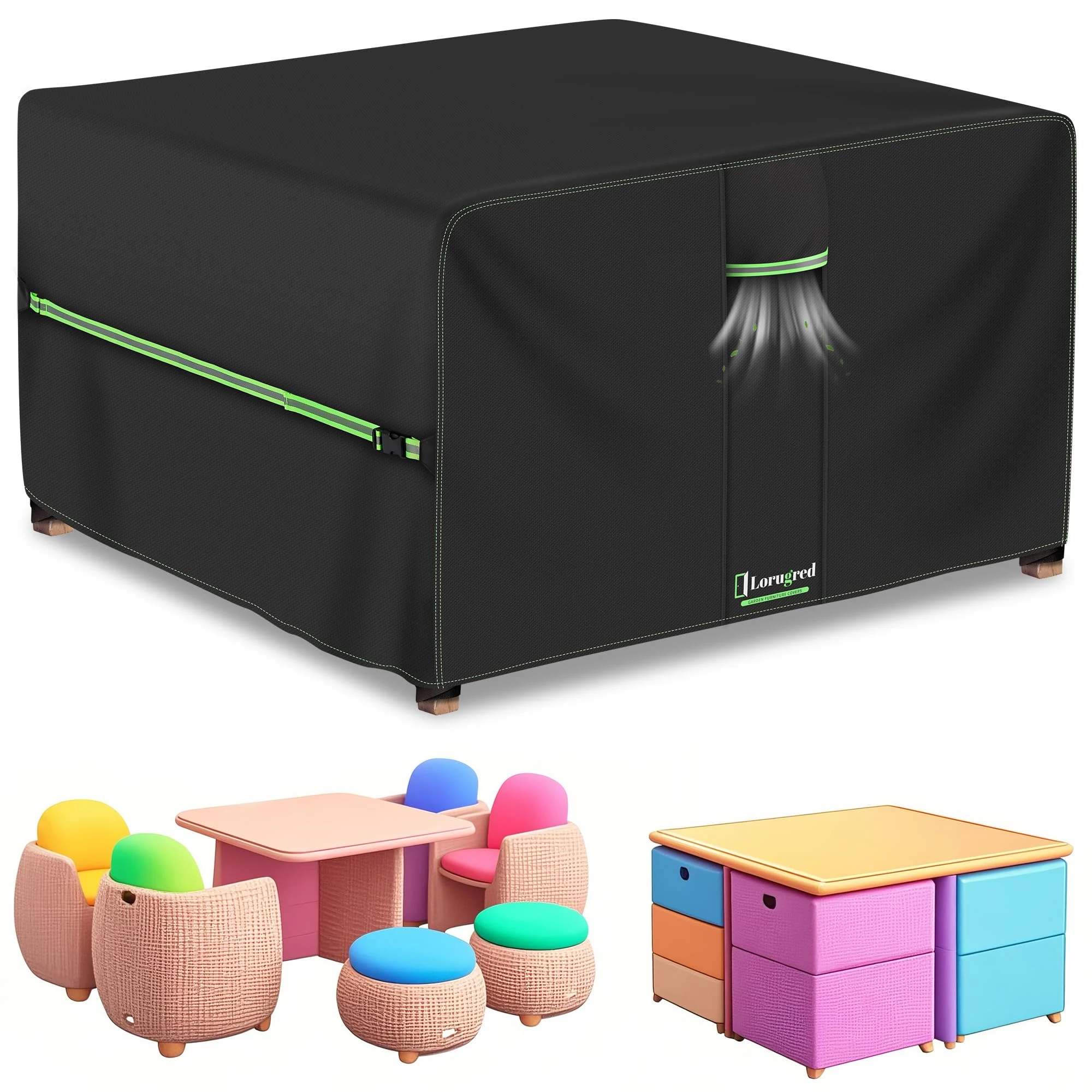 Lorugred Garden Furniture Covers Waterproof,110X110X74cm Patio Outdoor Table Cover,420D Heavy Duty Cube Patio furniture cover with Air Vent,Small Square Rattan Table and Chairs set Covers