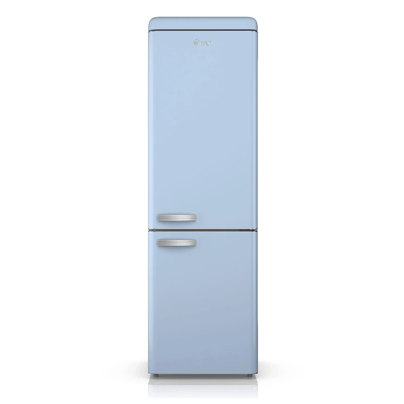 Swan SR11020BLNE Retro 70/30 Fridge Freezer with 4 Glass Shelves, 3 Freezer Drawers, Salad Crisper, Chrome Wine Rack, Energy Class E, Blue