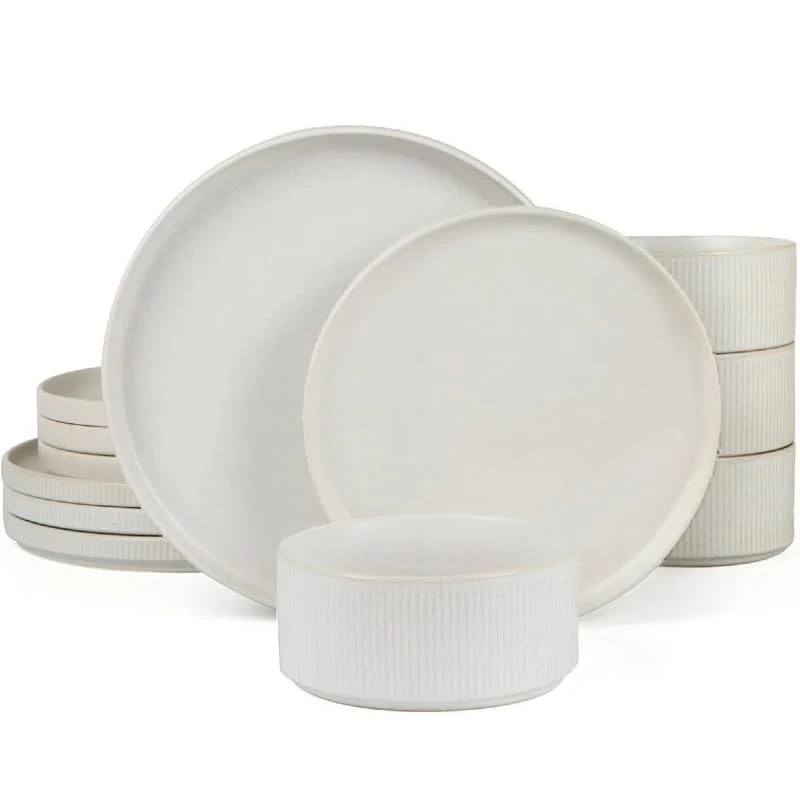 Richmount Star Plates and Bowls Set, 12 Pieces Dinner Set for 4, Stoneware Dinnerware Sets with Dinner Plates/Salad Plate/Cereal Bowls, Dishwasher & Microwave Safe, Matte White
