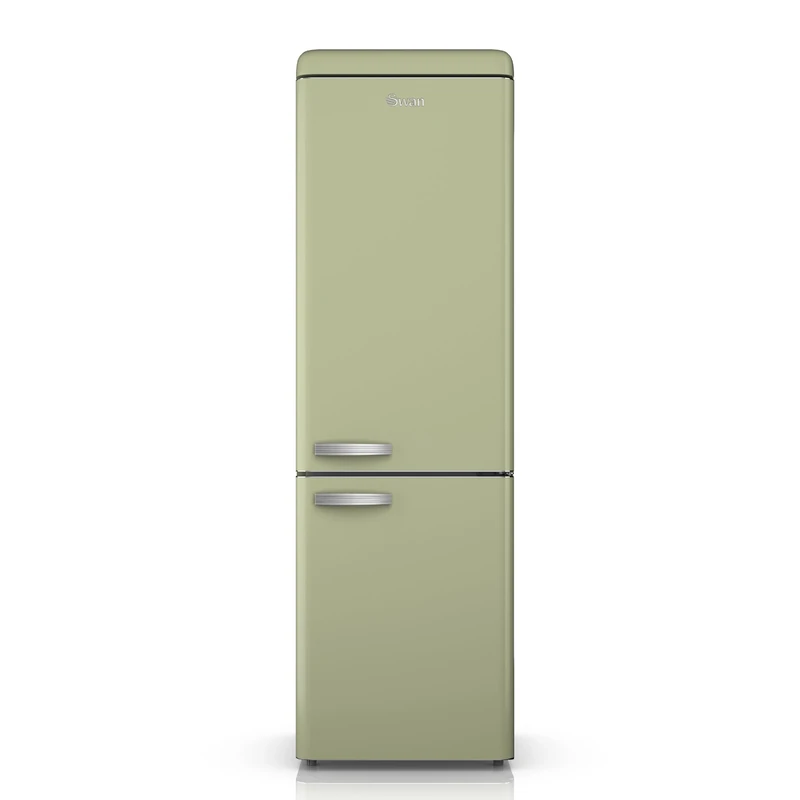 SWAN SR11020GNE Retro 70/30 Fridge Freezer with 4 Glass Shelves, 3 Freezer Drawers, Salad Crisper, Chrome Wine Rack, Energy Class E, Green