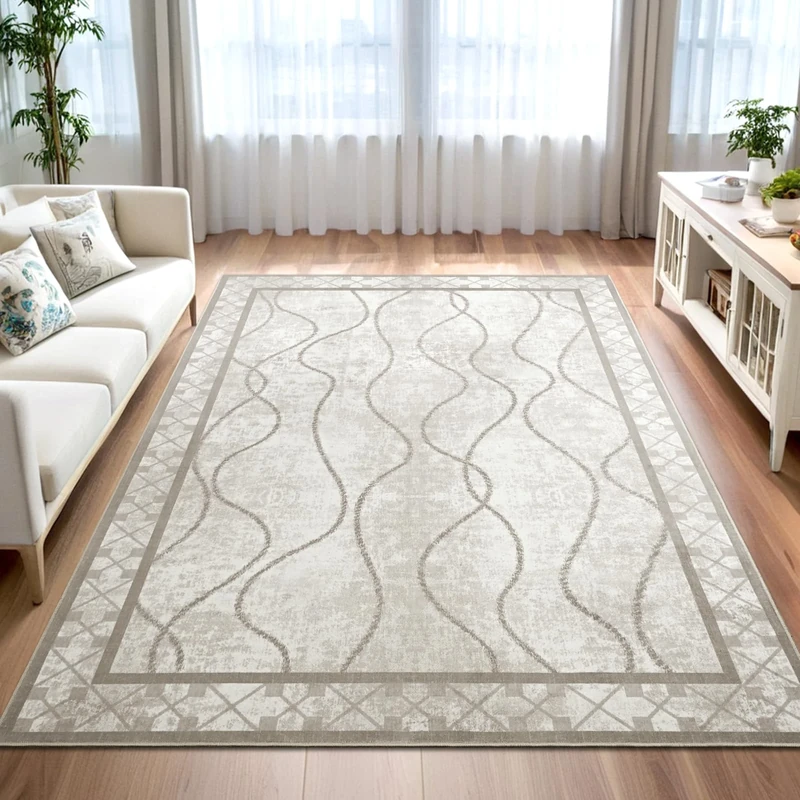 Woottpe Modern Geometric 5x7 Beige Washable Rug,Large Rugs for Living Room Bedroom,Soft Non Slip,Low-Pile,Stain Resistant,Abstract,Indoor Carpet for Entryway,Dining Room,Home Decor,Office