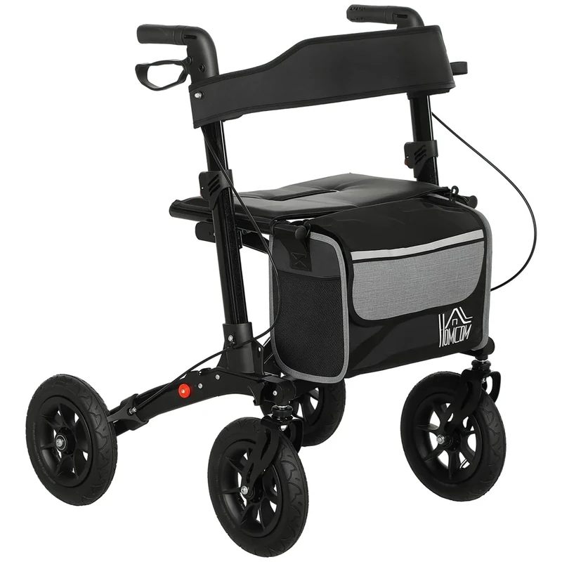 HOMCOM Folding Rollator Walker with Padded Seat, Backrest, Lightweight Walking Frame with Storage Bag, Dual Brakes, All-Terrain Wheels, Adjustable Handle Height, 4 Wheeled Walker for Seniors, Black