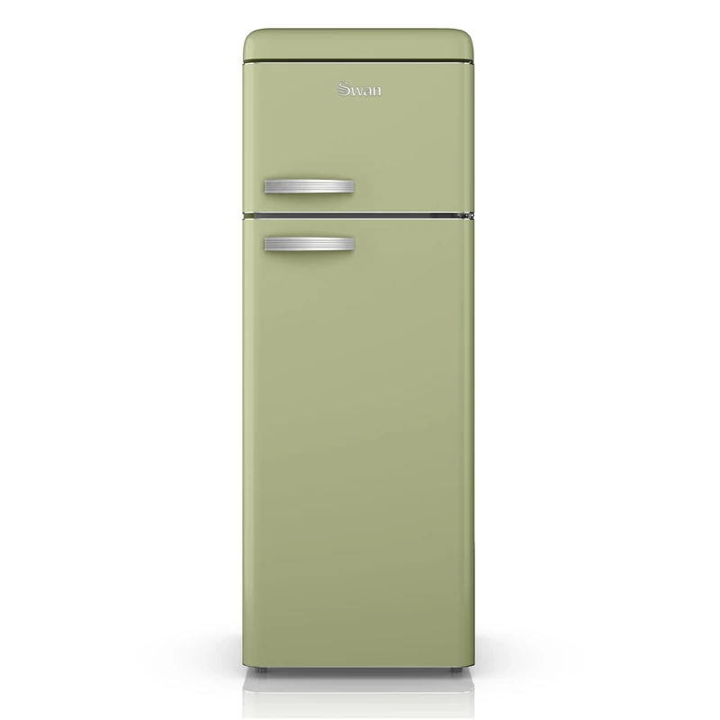 SWAN SR11010GNE Retro Free Standing Top Mounted 70/30 Split Fridge Freezer with Energy Class E, 3 Adjustable Shelves, Fast Freeze, Green