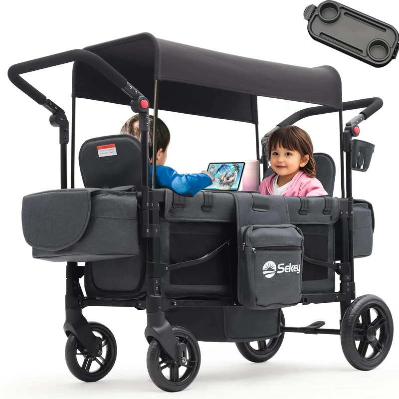 Sekey Handcart Children's Twin Mode, Handcart Foldable with Roof 2 Children, Duo Push Handle Pushchair Double Seat with 2 Integrated 5-Point Harness System, Twin Pushchair (Black, Premium)