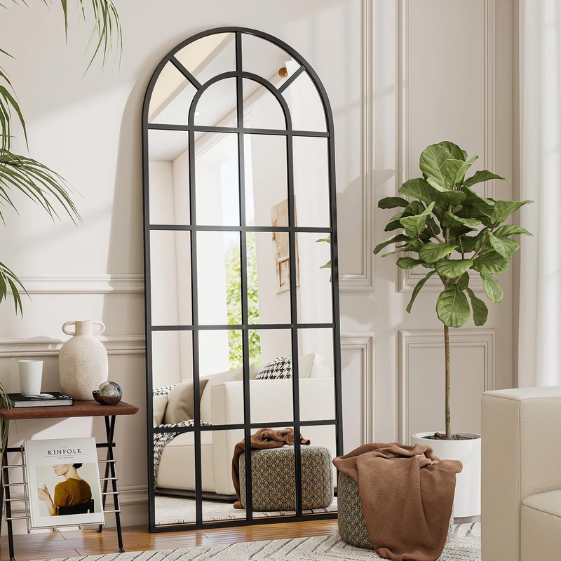 Koonmi 60 x 164 cm Curved Standing Glass Window Decorative Wall Mirror with Metal Frame Hanging Bevel for Entryway, Living Room Decoration, Black