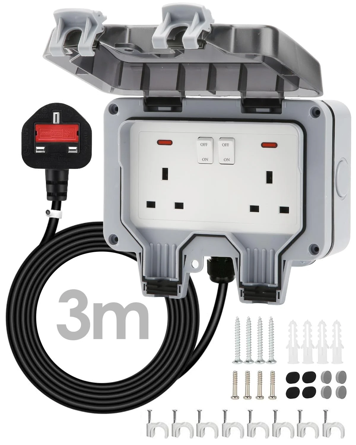 Zenmos Double Outdoor Socket 3M Extension Lead, Outdoor Plug Sockets Waterproof IP66, 13Amp 2 Gang Outside Plug Socket Waterproof, Switch Indicator Light Garden Wall Electrical Outlet Cover Box