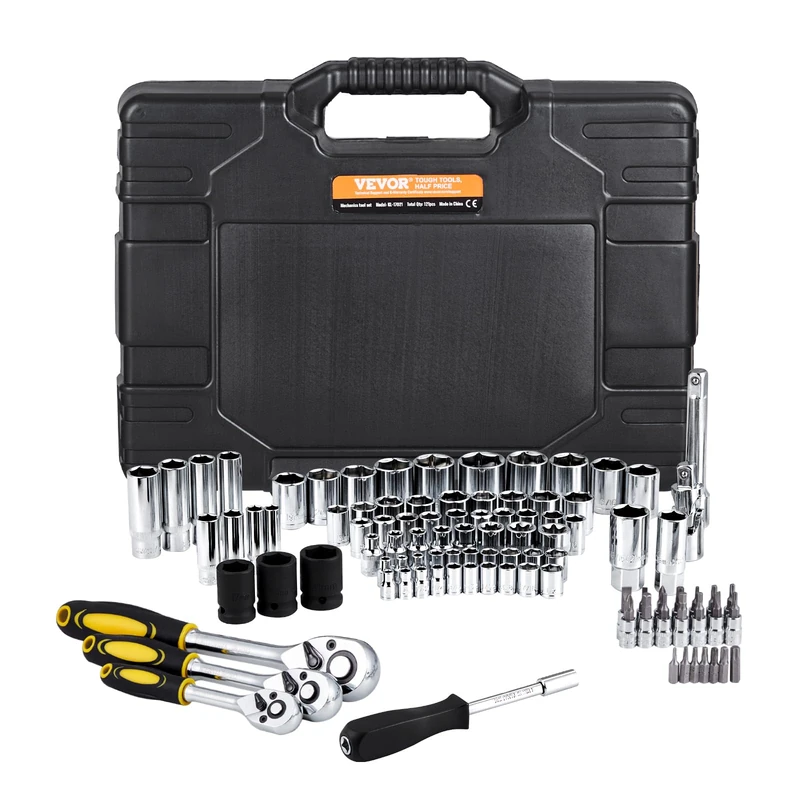 VEVOR 121-Piece Mechanics Tool Set, 1/4" 3/8" 1/2" Drive Sockets, SAE and Metric Mechanic Tool Kit with Bits, Wrenches, Ratchet Handle, Accessories, and Plastic Storage Case, for Automotive Repair