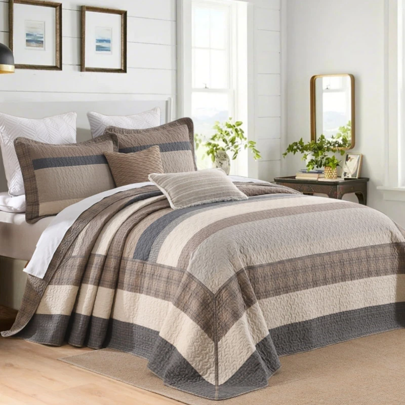 DDUOXIN Queen Bedspread 102" W x120 L - 100% Cotton Lightweight Oversized Quilt with 2 Pillow Shams, Farmhouse Reversible Extra Wide Bedspreads, Brown/Beige/Wood/Charcoal