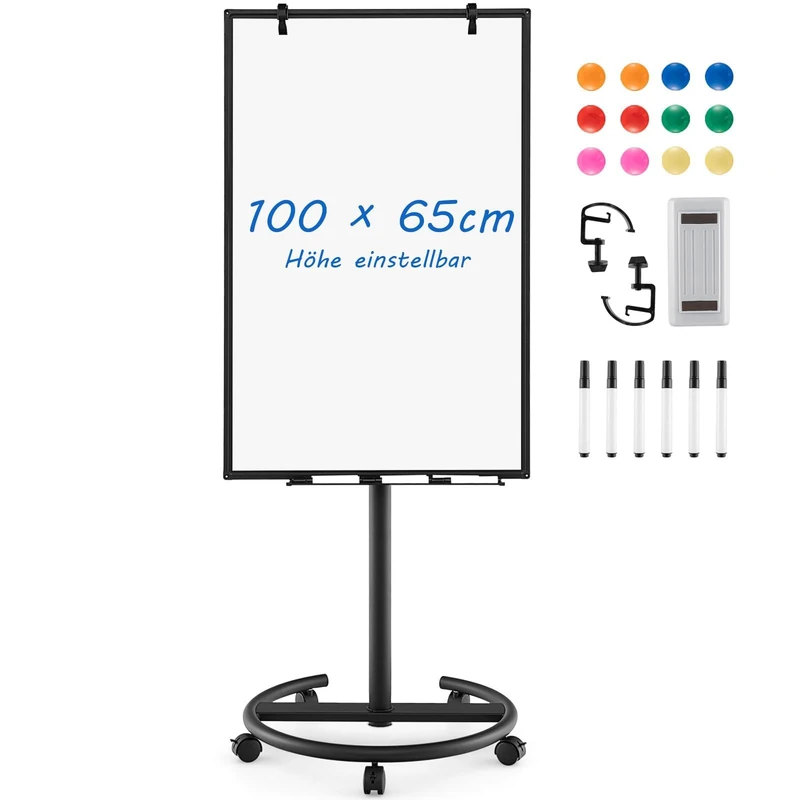 FANTASK Whiteboard, Flipchart Stand, 100 x 65 cm, Mobile Whiteboard on Wheels, Height Adjustable up to 192 cm, Dry Erase, Magnetic, Flip Chart with Round Stand, Magnets, Markers & Erasers