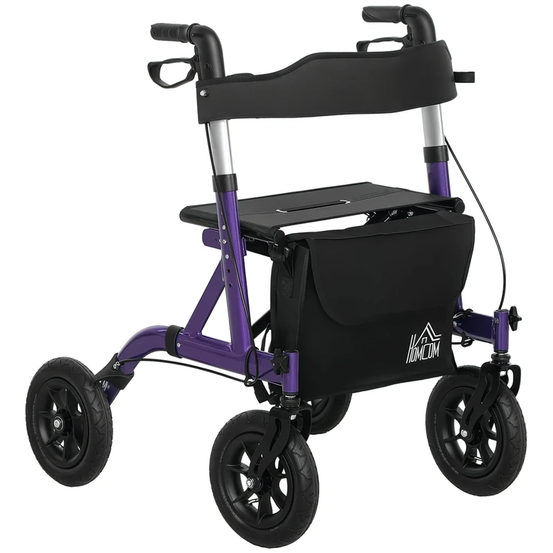 HOMCOM Folding Rollator Walker with Seat, Backrest, Lightweight Walking Frame with Storage Bag, Dual Brakes, All-Terrain Wheels, Adjustable Handle Height, 4 Wheeled Walker for Seniors, Purple