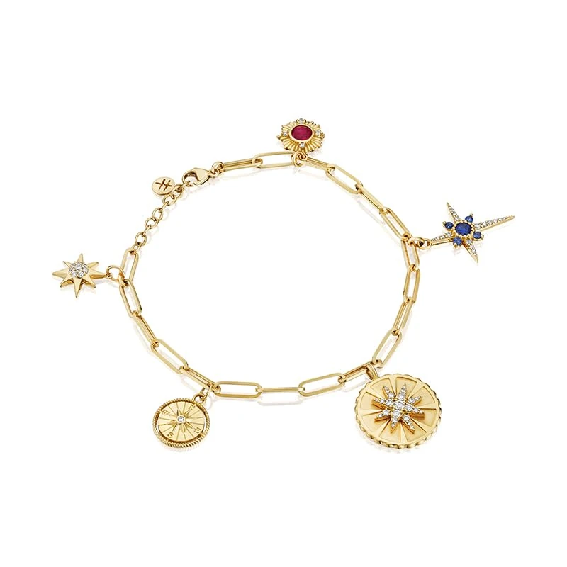 Hueb,18k Penka Yellow Gold Bracelet/bangle With 0.59 Cts Vs-Gh Diamonds And Ruby And Sapphire,LARGE