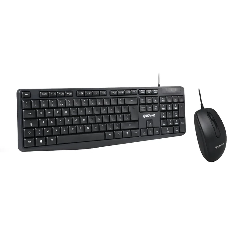 Groov-e Wired Full-Size Keyboard and Mouse Combo - Computer Accessories for Laptops and PCs, Ergonomic Design, Silent Keys, USB Connection, Compact Mouse, Qwerty Keyboard - Black