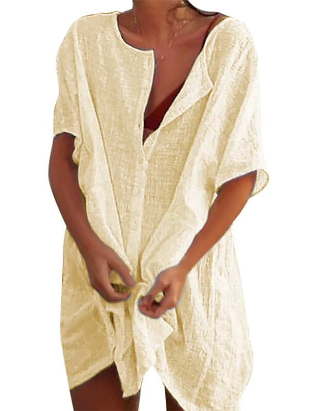 Svanco Women Beach Cover Up Cotton Swimsuit Coverup Long Beachwear Beach Dress with Buttons Shirt Dresses Bikinis Sarong Loose Blouse Oversized for Lady Beige Yellow