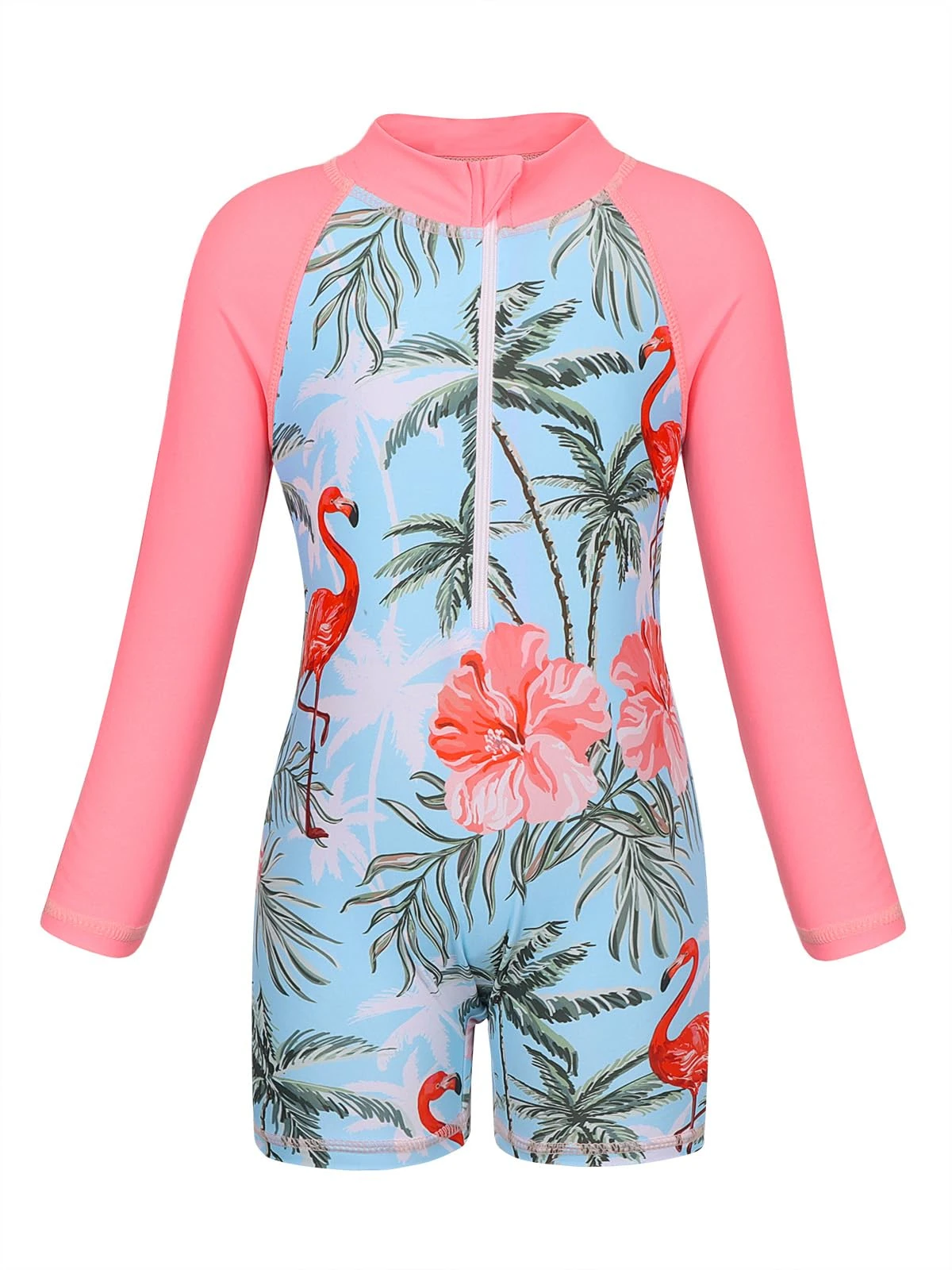 AmzBarley Girls Swimming Costume Kids One Piece Swimsuit Mermaid Swimwear Zipper Bathing Suit Long Sleeve Surfing Swimming Rash Guard Pink Age 9-10 Years Size 140