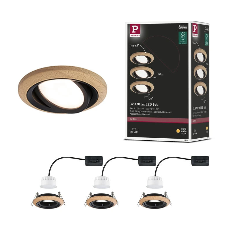 Paulmann Set Lanati Coin RL Swivel LED 3x6W 470lm 230V Wood Black matt 92237