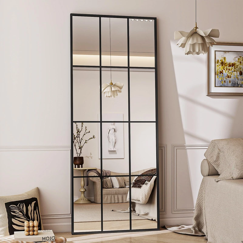 Koonmi Window Mirror 60 x 165 cm - Rectangular Designed Grid Decorative Full Body Mirror with Metal Frame Hanging for Entryway, Living Room, Black