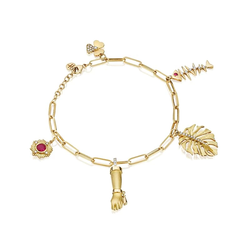 Hueb,18k Penka Yellow Gold Bracelet/bangle With 0.40 Cts Vs-Gh Diamonds And Ruby,8.5"