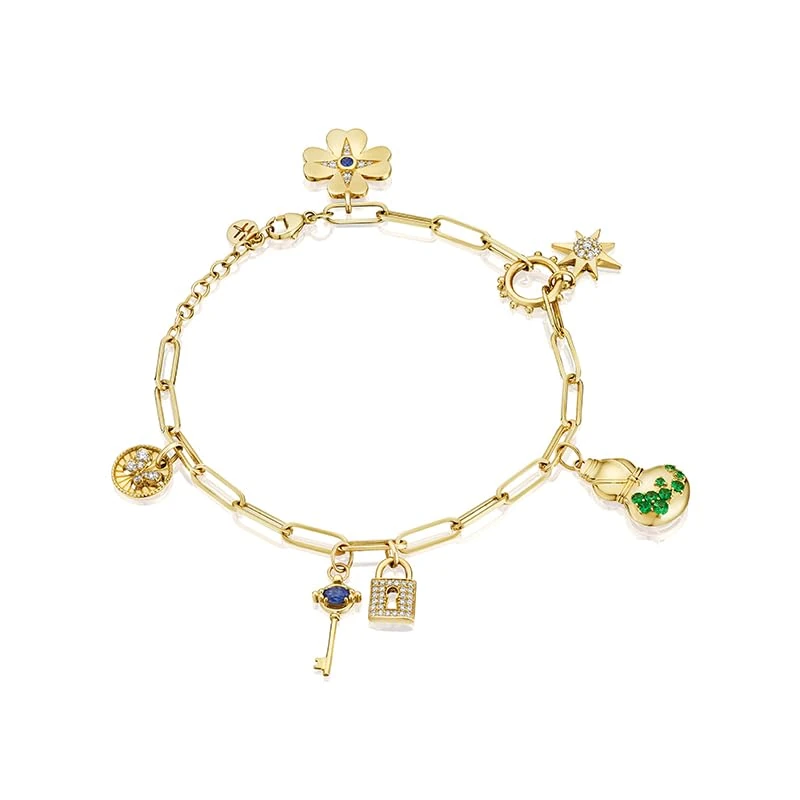 Hueb,18k Penka Yellow Gold Bracelet/bangle With 0.44 Cts Vs-Gh Diamonds And Sapphire And Tsavorite,LARGE