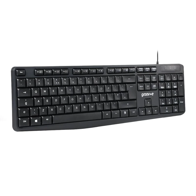 groov e Wired Full-Size Keyboard - Computer Accessories for Laptops and PCs, Ergonomic Design, Silent Keys, USB Connection, Qwerty Keyboard - Black