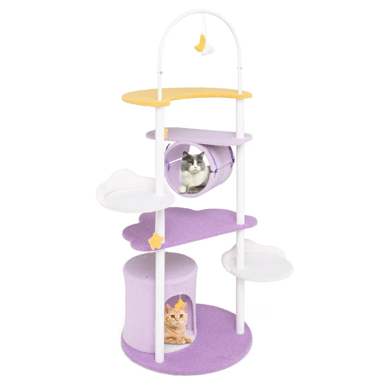 GYMAX Cat Tree, 158cm Multi-Level Large Cat Tower with Metal Frame, Moon-Shaped Top Perch, Jumping Platforms, Cat Condo, Tunnel & Hanging Toys, Purple Cute Cat Tree Tower for Indoor Cats
