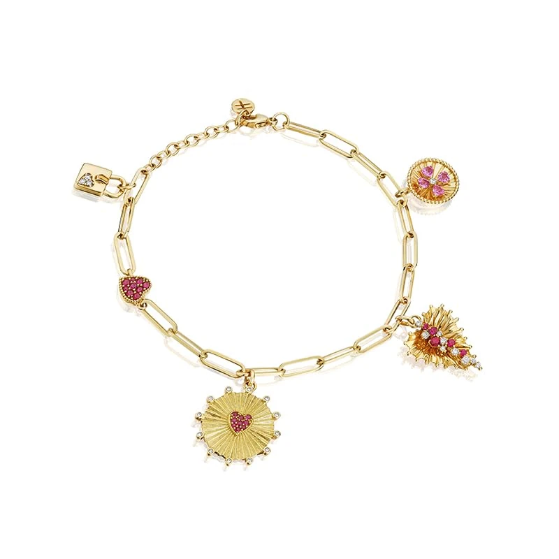 Hueb,18k Penka Yellow Gold Bracelet/bangle With 0.30 Cts Vs-Gh Diamonds And Ruby And Sapphire,MEDIUM