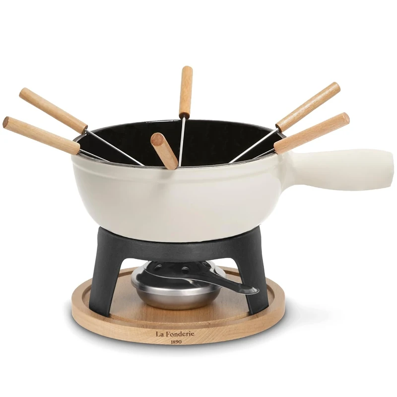 La Fonderie 1890 Cast Iron Fondue Set for 6 People MONT BLANC, for Cheese and Chocolate Fondues, Splash-Proof Lid, 6 Forks with Beech Wood Handles, Capacity 1.8L, Beige