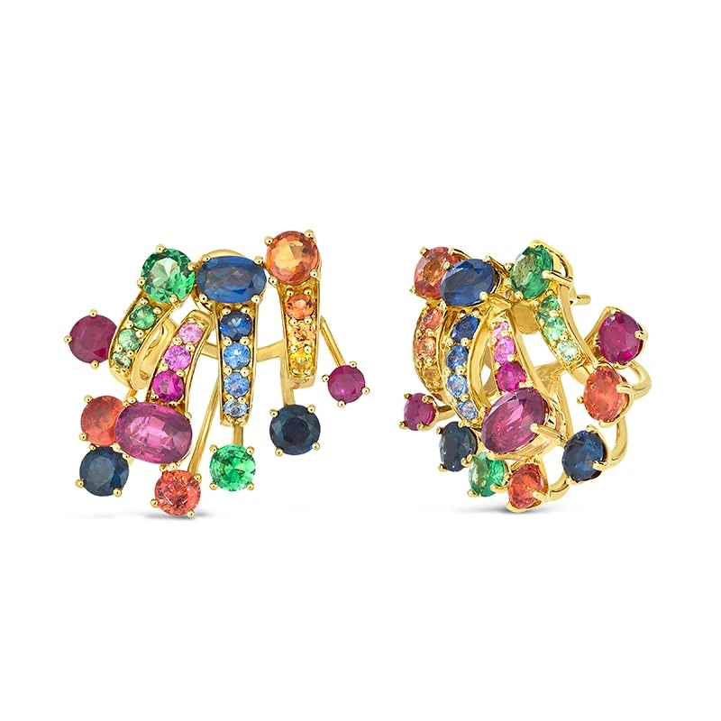 Hueb,18k Amazonia (cocar) Yellow Gold Earring With Ruby And Sapphire And Emerald And Tsavorite,ONE SIZE
