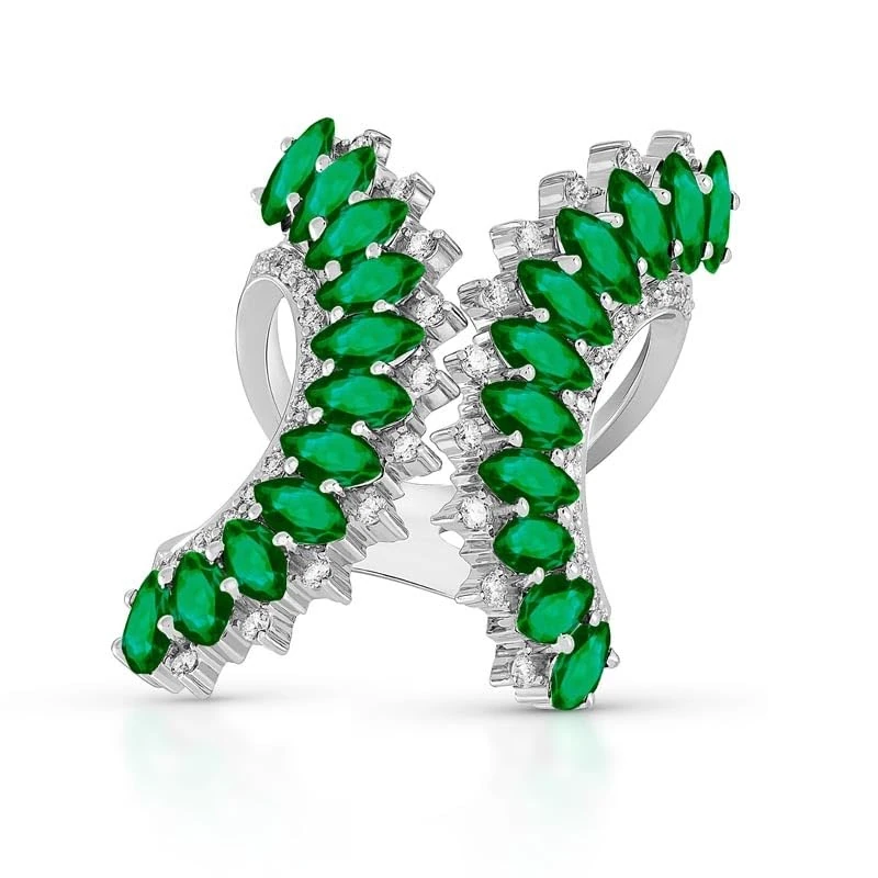 Hueb,18k Mirage White Gold Ring With 0.60 Cts Vs-Gh Diamonds And Emerald,6.5