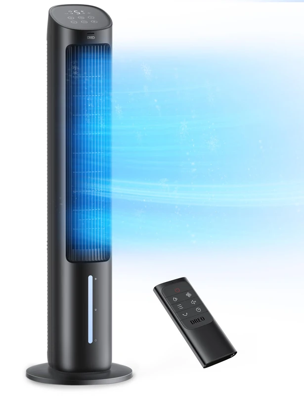 Dreo Evaporative Air Swamp Cooler, 40” Standing Fans that Blow Cold Air, 80° Oscillating Bladeless Cooling Fan for Bedroom, Removable Water Tank, Ice Packs, Remote Control, 4 Speeds, 7H Timer, Black