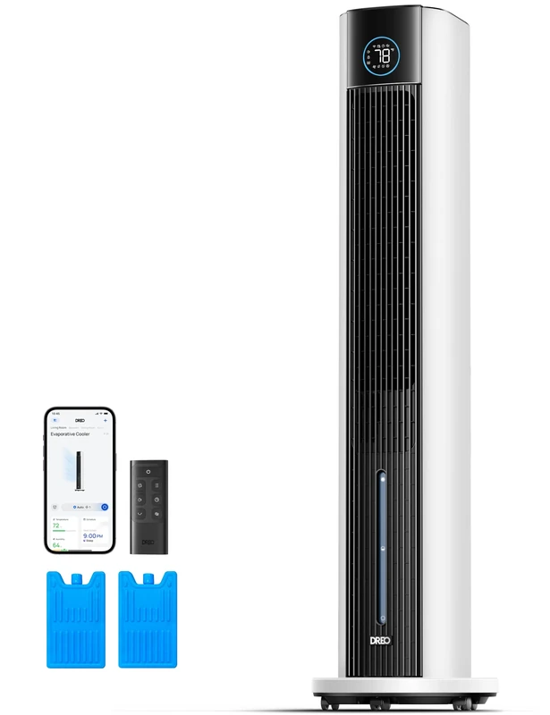Dreo Evaporative Air Cooler, 43” Cooling Fans that Blow Cold Air, 80° Oscillating, Removable Water Tank, Ice Packs, Remote Control, 4 Speeds, 7H Timer, Swamp Cooler for Bedroom, White