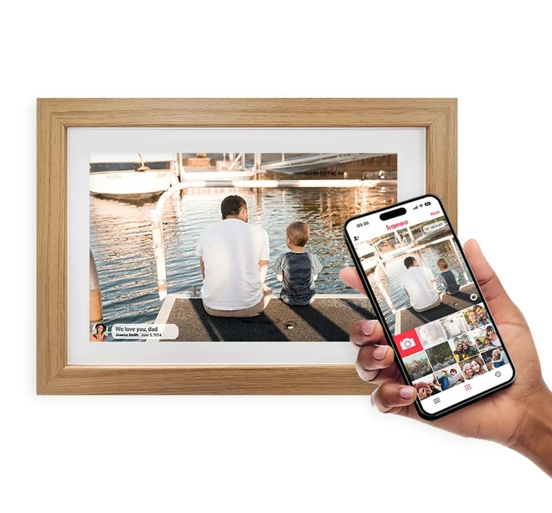 Inov8 Framing Smart WiFi 10.1 Inch High Res 32GB Touch Screen Digital Picture Frame + Frameo. Send & Share 100’s Photos/Videos via iOS & Android Devices from any location. White w/Light Oak Frame.