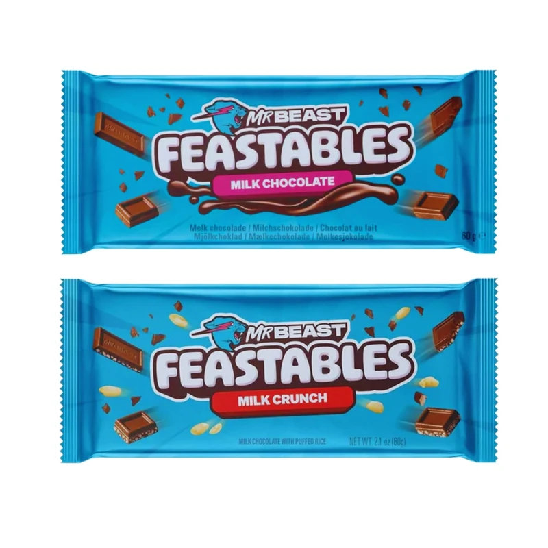 Feastables Mrbeast Milk Chocolate, Creamy Healthy Snack Individually Wrapped Bars for Dessert, Snacks Treats for Kids Small Gifts Presents (2× 60g, Milk Chocs & Milk Crunch)