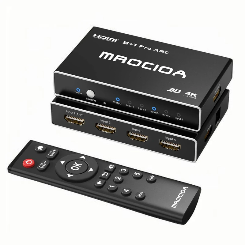 HDMI Switch Splitter 5 in 1 Out 4K 60Hz/ HDCP2.3/ Multifunctional Remote for Auto Switch on off/eARC/Allm/Vrr/CEC/HDR10+/Dolby Vision. Switcher selector Box hub Multi Adapter for Multiple Extra Port