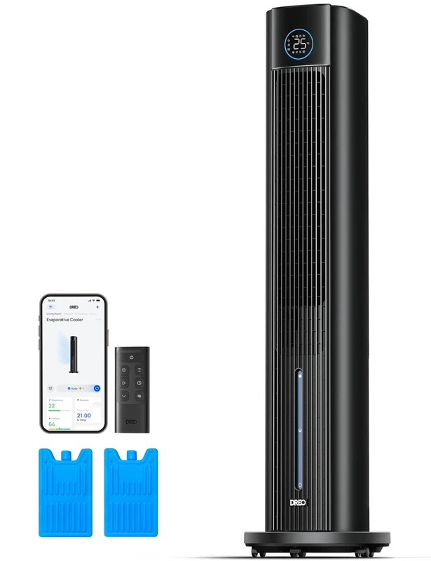 Dreo Evaporative Air Cooler, 40” Cooling Fans that Blow Cold Air, 80° Oscillating, Removable Water Tank, Ice Packs, Remote Control, 4 Speeds, 7H Timer, Swamp Cooler for Bedroom, Black