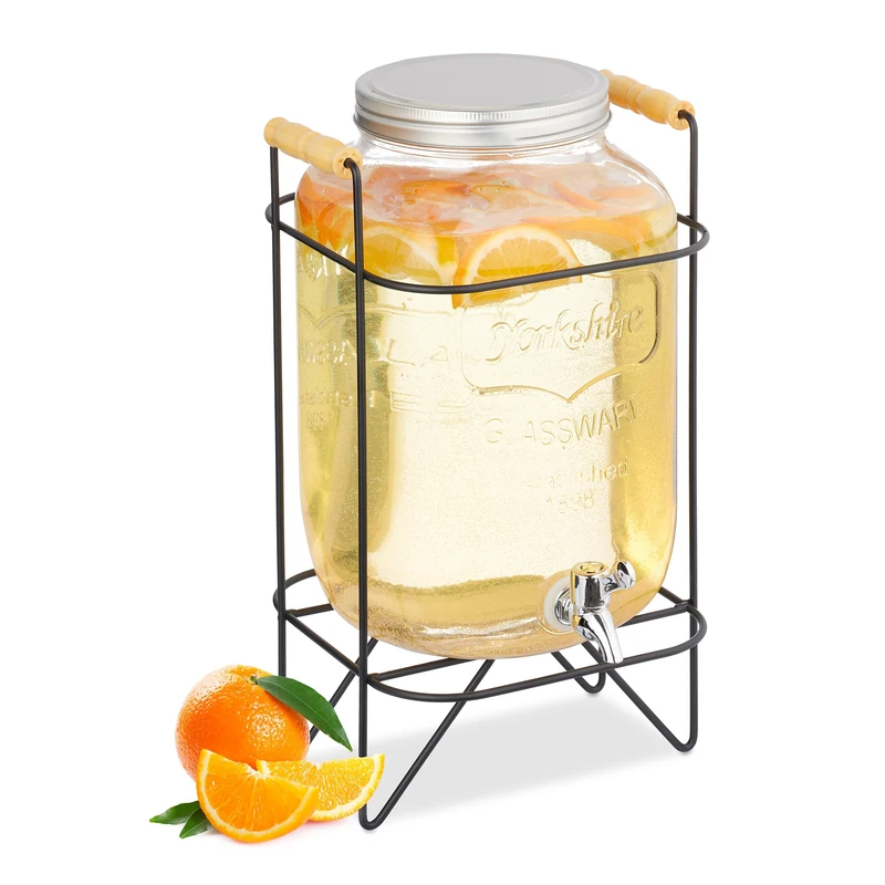 Relaxdays Drinks Dispenser with Stand, 8 Litres, with Tap and Lid, Water Pitcher, Beverage Container, Transparent/Black