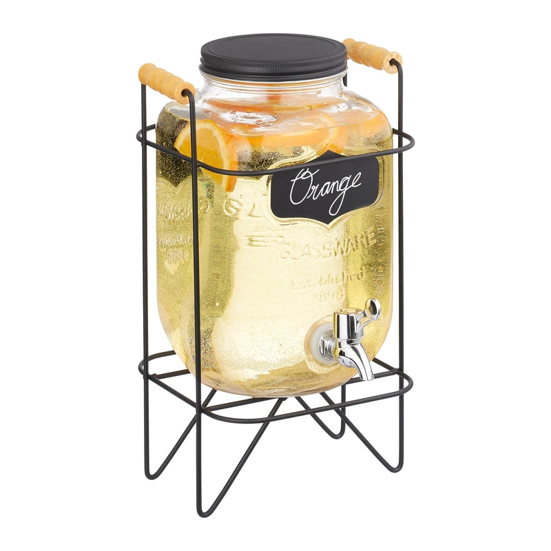 Relaxdays Drinks Dispenser with Stand, 4 Litres, with Tap and Lid, Water Pitcher, Beverage Container, Transparent/Black