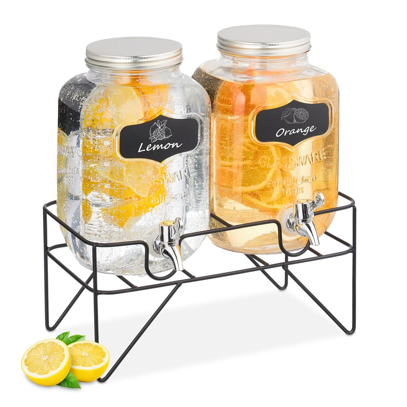 Relaxdays Drinks Dispenser with Stand, 2 Jars, 4 litres Each, with Tap, Water Pitcher, Beverage Container, Transparent