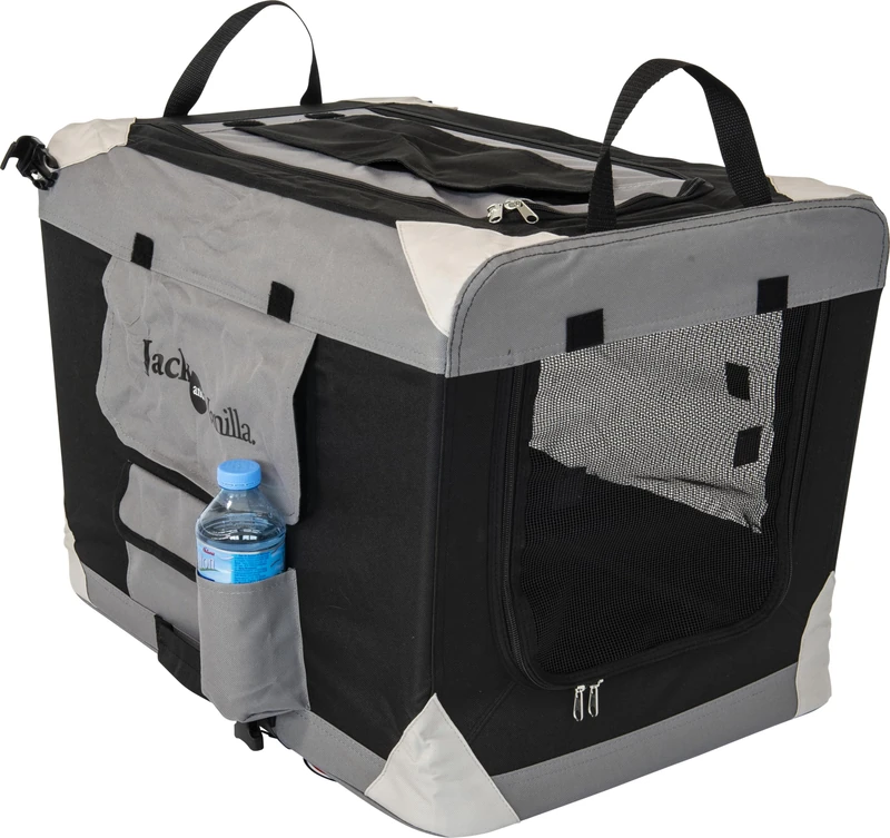 JACK AND VANILLA, Foldable Kennel for Pets, Lightweight and Durable, Ideal for Travel, Optimal Ventilation, Reinforced Safety, Dimensions 34 x 49 x 34 cm, Grey/Black, Travel Model