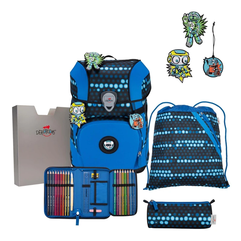 DerDieDas ErgoFlex Tiny Superflash Blue Robot School Bag 5-Piece Set, Blue Robot, ErgoFlex Tiny Superflash Set