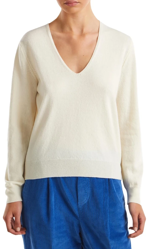 United Colors of Benetton V Neck Jersey M/L, White, XL