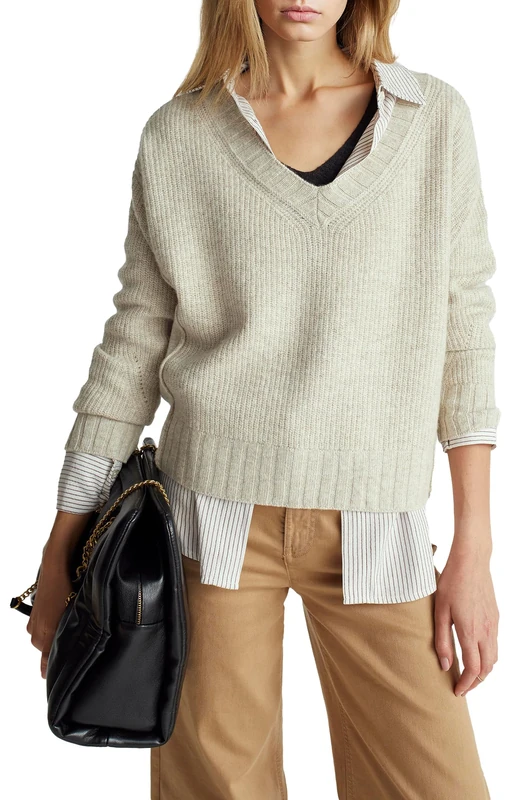 United Colors of Benetton Women's Maglia Scollo V M/L 126wd402z Sweater, Beige, XS